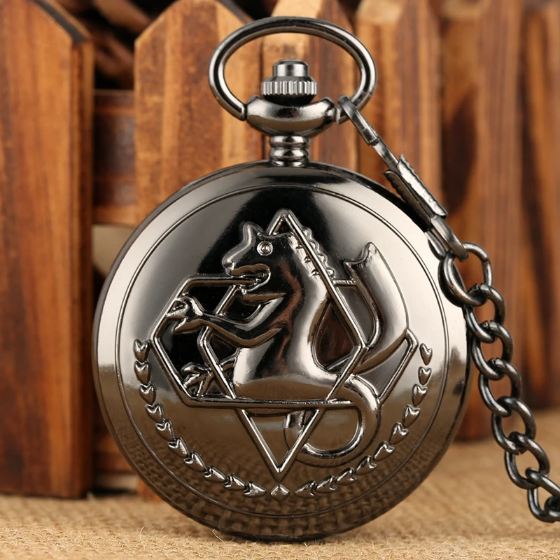 Pocket Watch Vintage Black Fullmetal Alchemist Quartz Steampunk Edward Elric Necklace Chain Fans Cosplay Anime