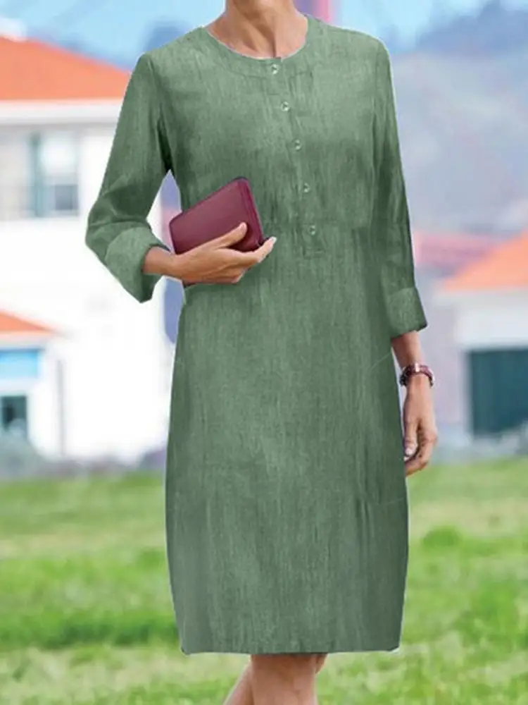 

ZANZEA 2023 Women Denim Long Dress Vintage Long Sleeve Vestido Causal Loose Crewneck Midi Dresses Autumn Buttons Solid OL Robes