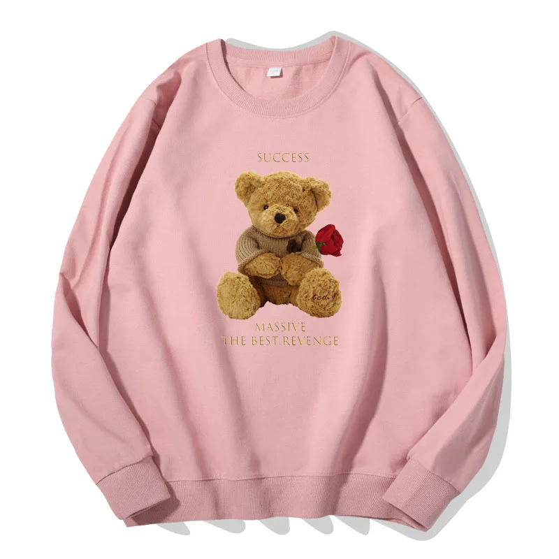Spring Women Pullovers New Fashion Lovely Rose Bear Sweatshirt Girl Pure Cotton Print Hoodies Long Sleeve Clothes 300G oversized hoodie Hoodies & Sweatshirts
