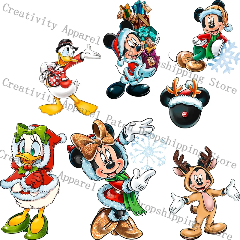 

Christmas Mickey Mouse Donald Duck Fusible Patch for Clothing Iron on Transfers Heat Transfer Ironing Stickers on Kids Clothes