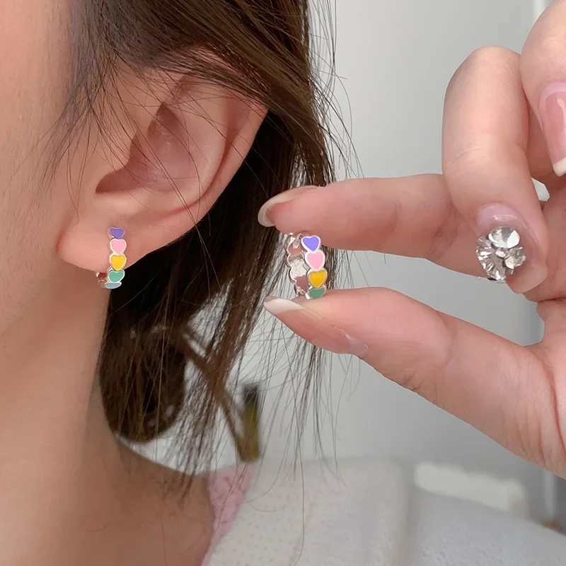 S925 Silver Colorful Geometric Heart-Shaped Hoop Earrings for Women Girls High-end Original Fine Jewelry Valentine's Day Gifts 5