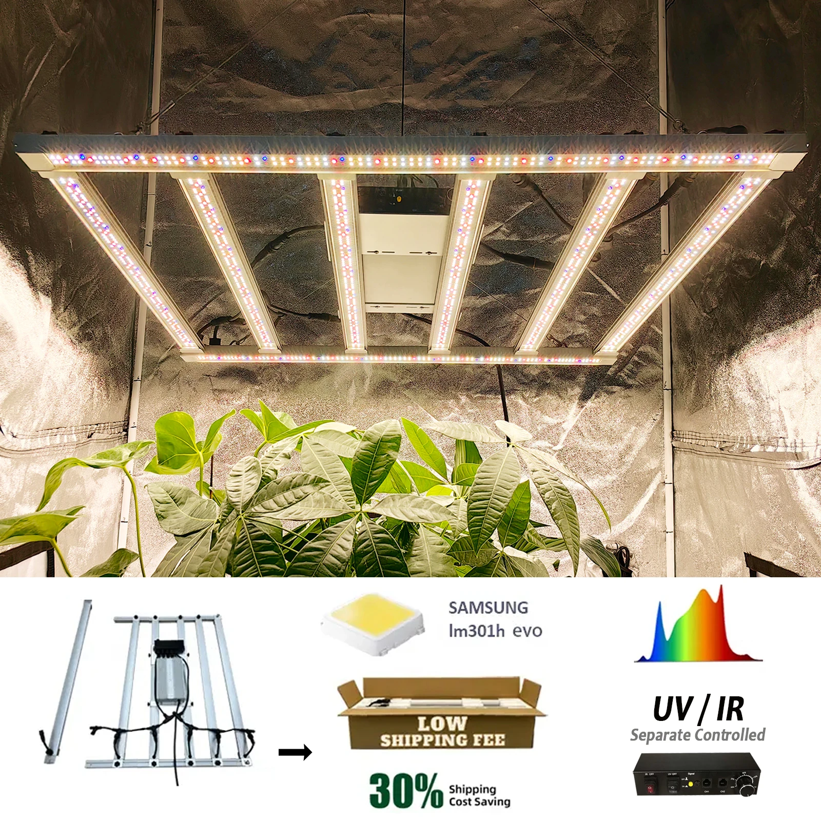 

Balanced PPFD 480W Samsung Lm301h Evo LED Grow Light Bar 4-side Light Emitting Separate Control UV IR Plant Lights for Indoor