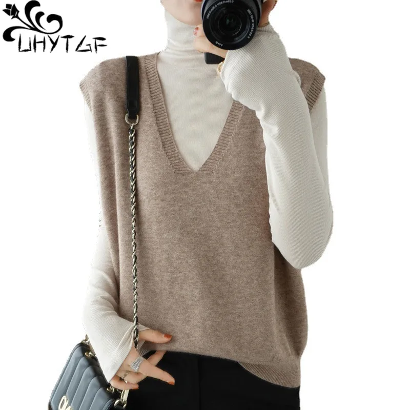 

Женский жилет из смешанной шерсти UHYTGF, трикотажный топ без рукавов с V-образным вырезом, эластичный пуловер, свободный свитер, жилет для женщин на весну-осень 2468