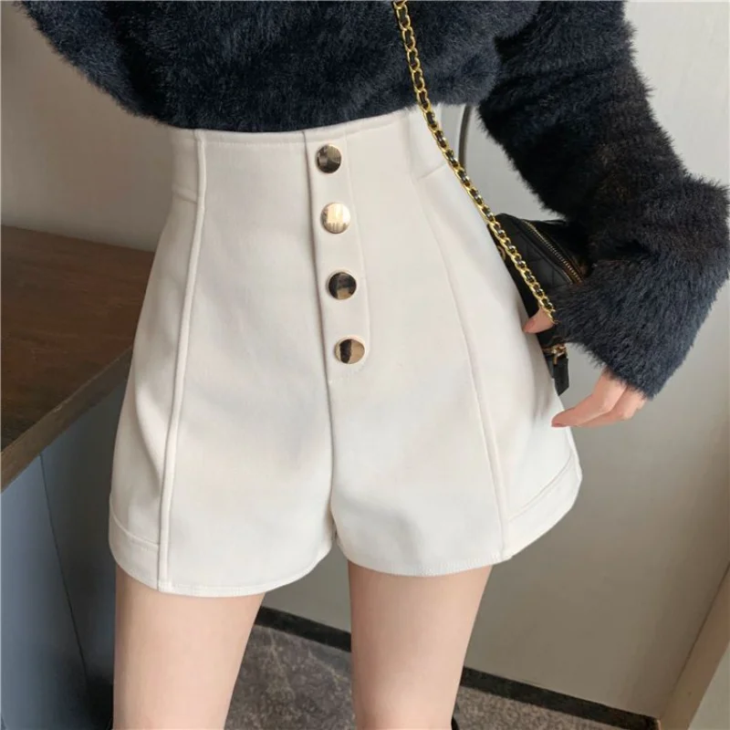 High Waist Button A-line Shorts Spring Autumn New Solid Color Loose All-match Wide Leg Pants Temperament Fashion Women Clothing