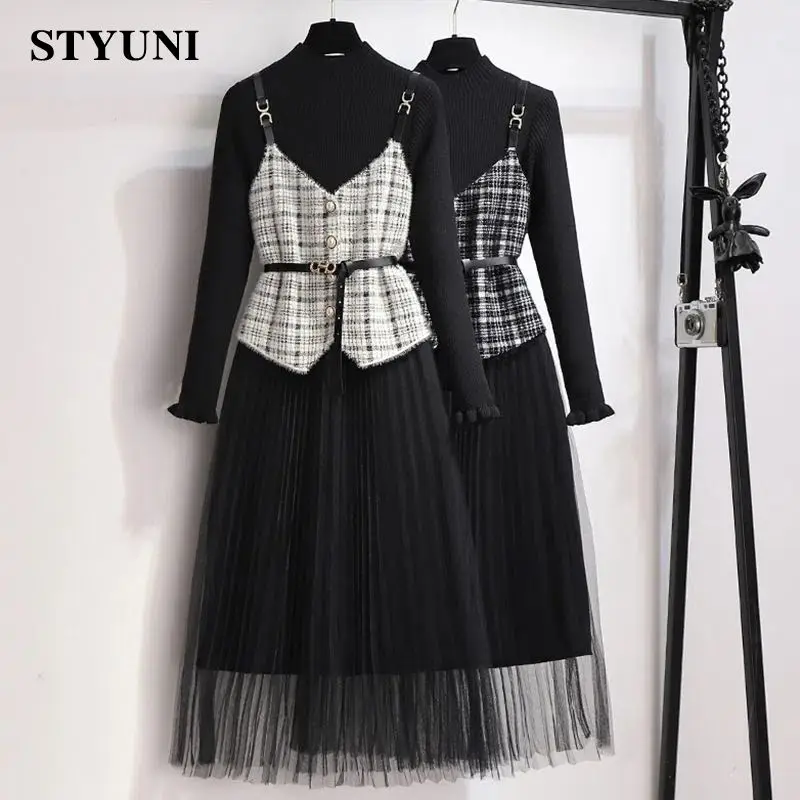 

Mink Suspender Vest Buttons Half High Collar Long Sleeve Knitted Gauze Women's Dresses Two-piece Set Womens Outifits Suit 2022