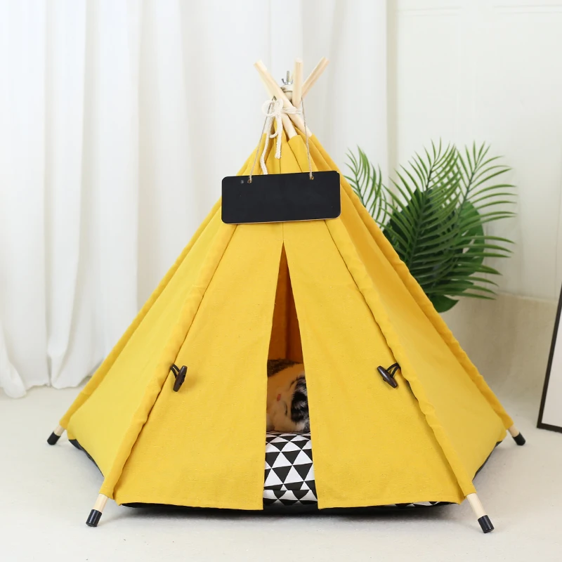 Pet Tent House Dog Bed Portable Removable Washable Teepee Puppy Cat Indoor Outdoor Kennels Cave with Cushion and Blackboard