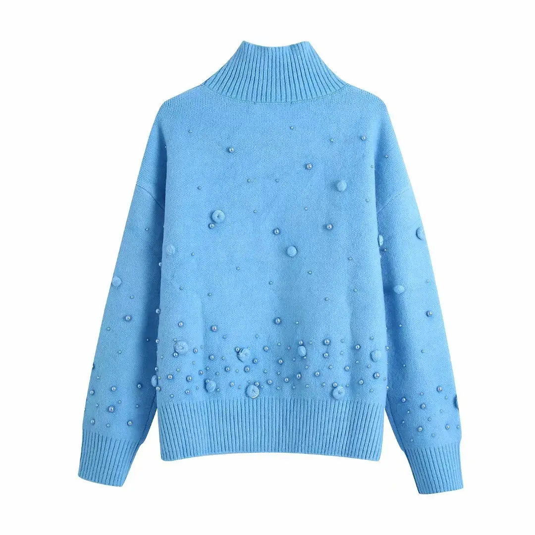 TRAF 2021 Sequin Knitted Sweater Woman Blue Turtleneck Women Sweater Pullover Female Warm Pompoms Long Sleeve Luxury Sweater cropped sweater