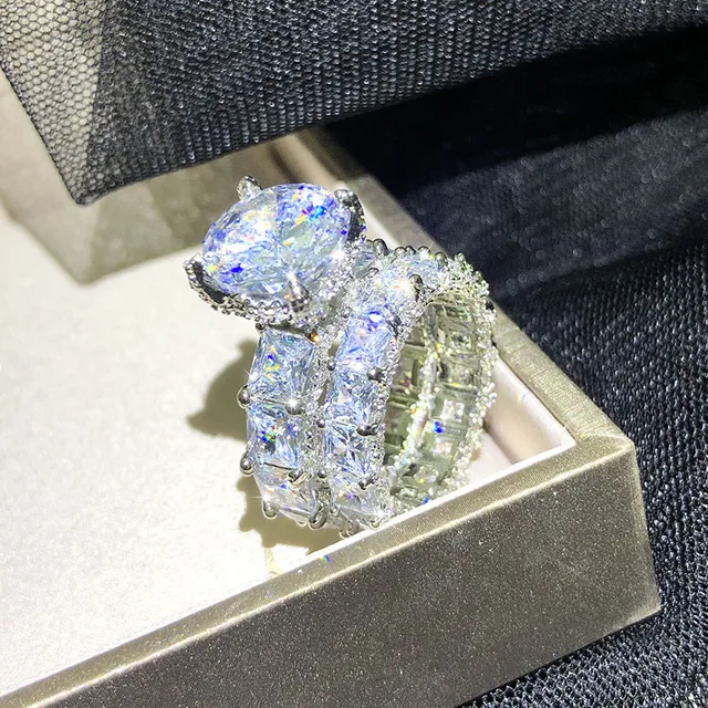 2pcs Bridal Set Elegant rings for Women 925 Sliver Wedding Engagement fashion Jewelry With Full Shiny Zircon female ring 1