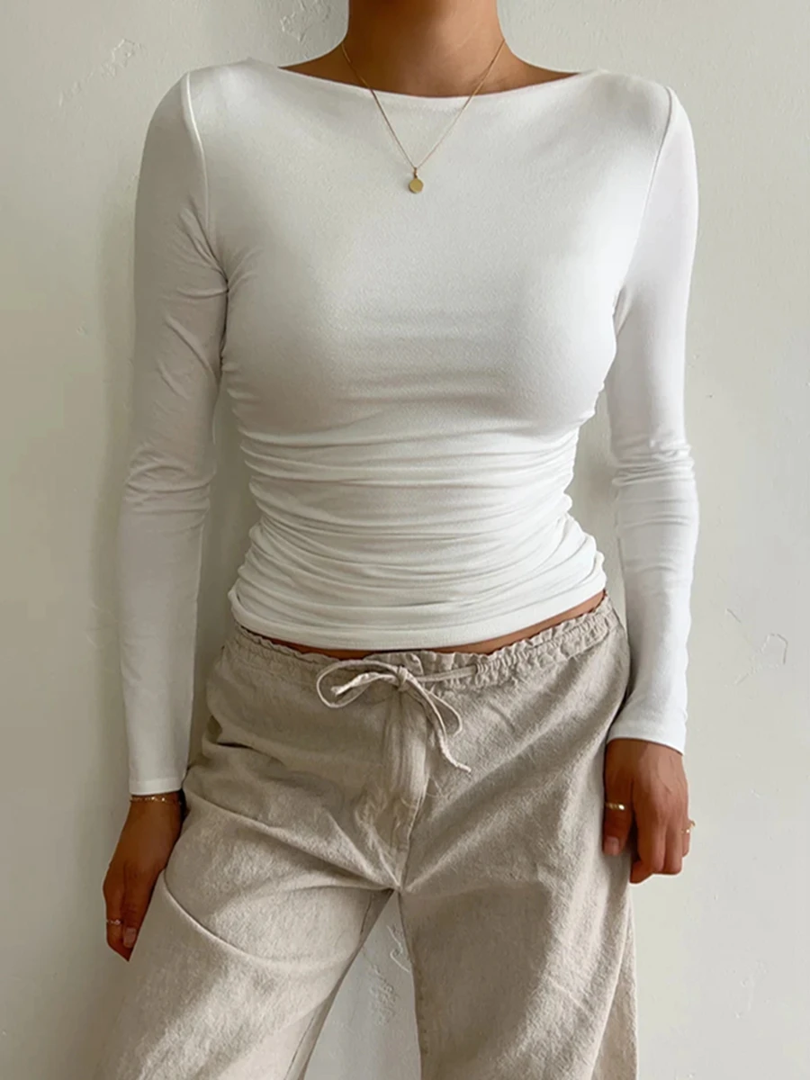 

Women Casual Long Sleeve T-Shirts Autumn Solid Color Slim Fit Pullovers Tees Shirts Female Streetwear Base Tees Tops