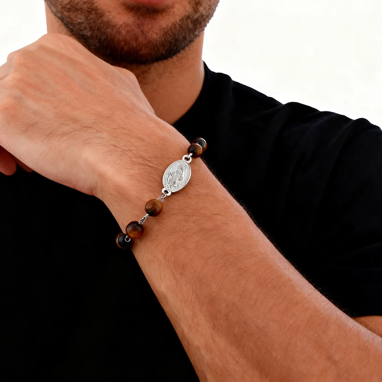 Virgin Mary Bracelet for Men Boys,Natural Tiger Eye Brown Color Stone Beaded Chain Bracelet,Adjustable Prayer Wristband Gift