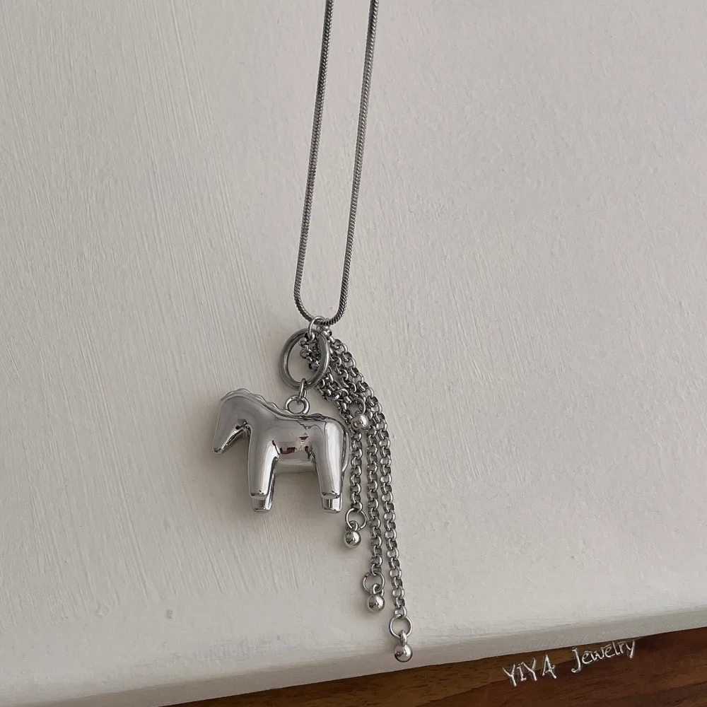 Minar INS Fashion, collana con ciondolo a forma di nappa con catena a forma di cavallo e superficie liscia, per donna, catena a serpente placcata in argento, lunga catena per maglione_voghion.com