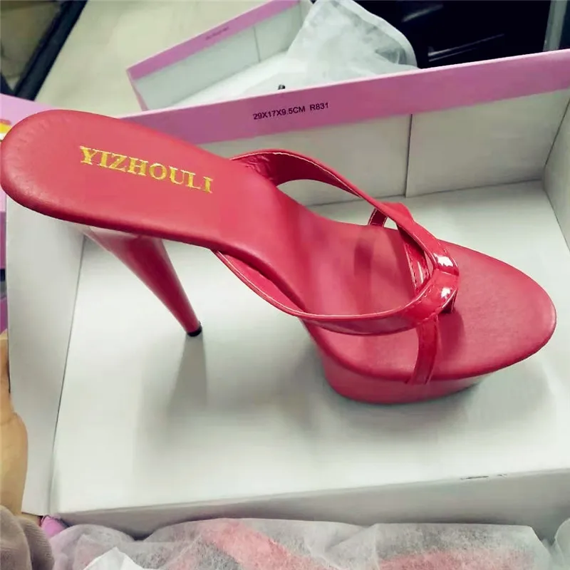 Summer 15 cm high heel princess flip-flops, model red stage runway show heels, nightclub PU pole dance shoes