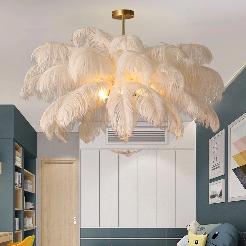 

Nordic White Feather Chandelier Lamps for Bedroom Children'S Room Nature Ostrich Feather Sconces Living Room Hanging Chandelier