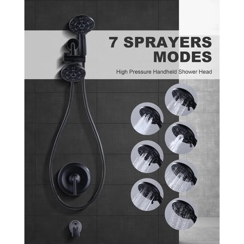 Black Shower Tub Faucet Set 7 Modes Handheld Shower Kit Dual System Luxury Rain Spa Massage Head Brass Valve 3-Way Diverter 5