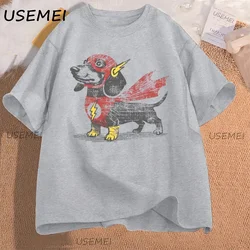 Playful Dachshund Graphic Oversized Tee - Loose Fit Short Sleeve Casual Shirt - S (GRAY)