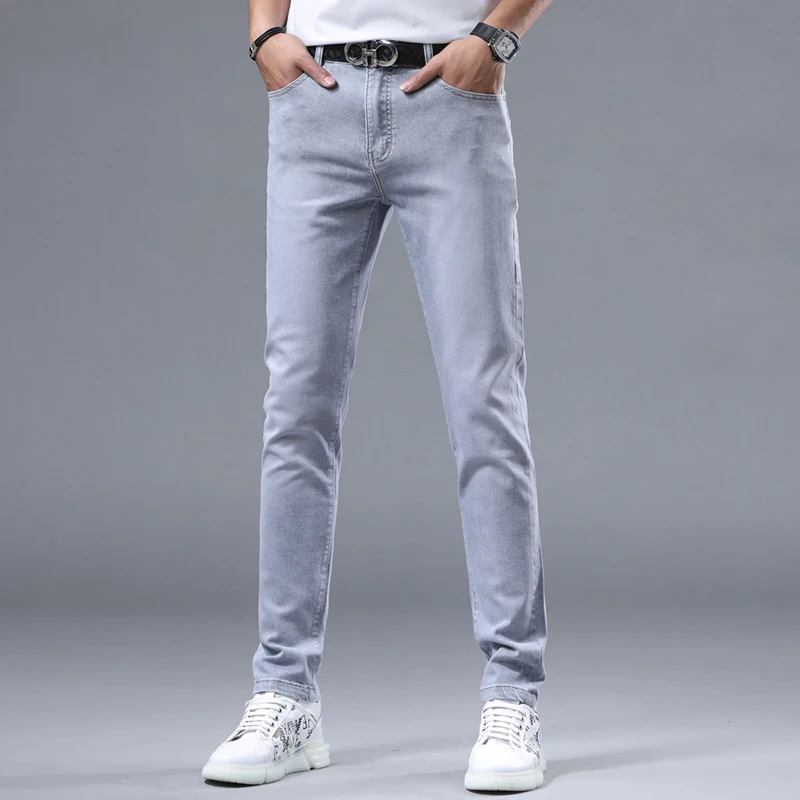 2024 spring new affordable luxury casual straight hundred fashion men's jeans Light Grey stretch slim fit men's pants