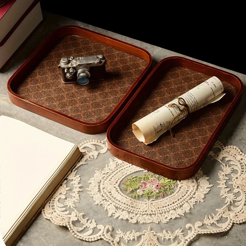 Elegant Wooden Desktop Organizer Tray Faux Leather Lining for Jewelry, Keys & Tea Storage Trays Home Decor, Jewelry Trays 4