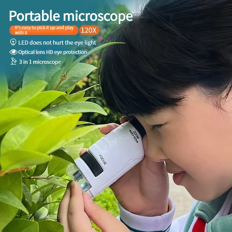 Lommemikroskop til børn, videnskabeligt legetøjssæt 60-120x, pædagogisk mini håndholdt mikroskop med LED-lys, udendørs legetøj til børn med stilk_voghion.com