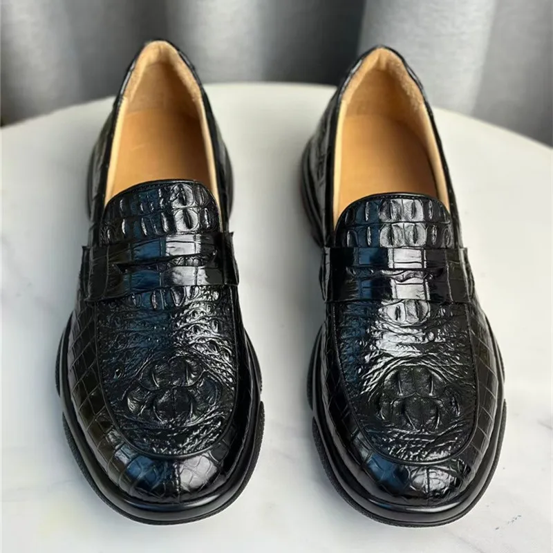 

Business Casual Style Solid Black Authentic Real Crocodile Skin Men Loafers Genuine Exotic Alligator Leather Male Slip-on Flats