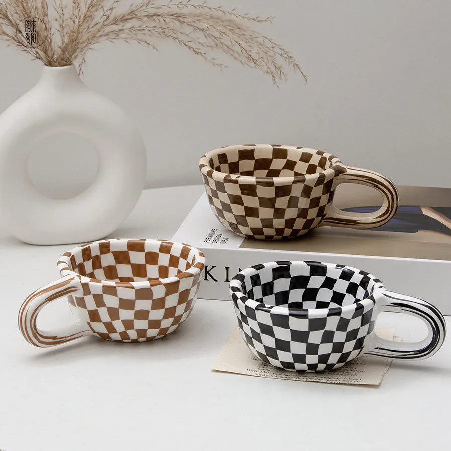 

Korean Style Irregular Checkerboard Coffee Ceramic Mug Office Mug High Value Retro Milk Mug