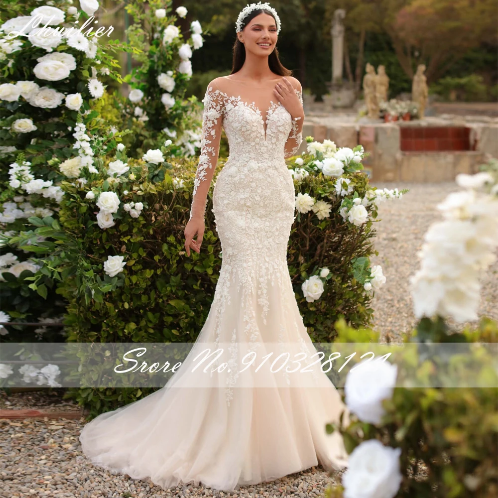 Lhuillier 2 in 1 Mermaid Lace Wedding Dresses Scoop Neck Full Sleeves Beaded Bridal Dress with Detachable Train