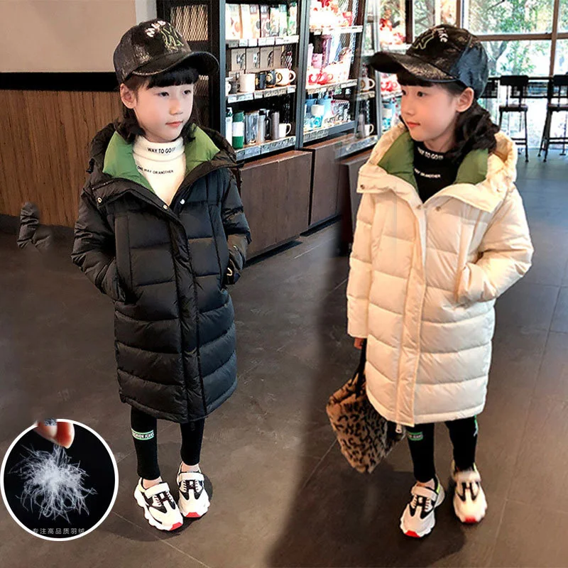 

2023hooded Childrens Girls Down Jacket Medium Length Korean Warm Kids Girls Jacket White Duck Down Thickened Teenager Girls Coat