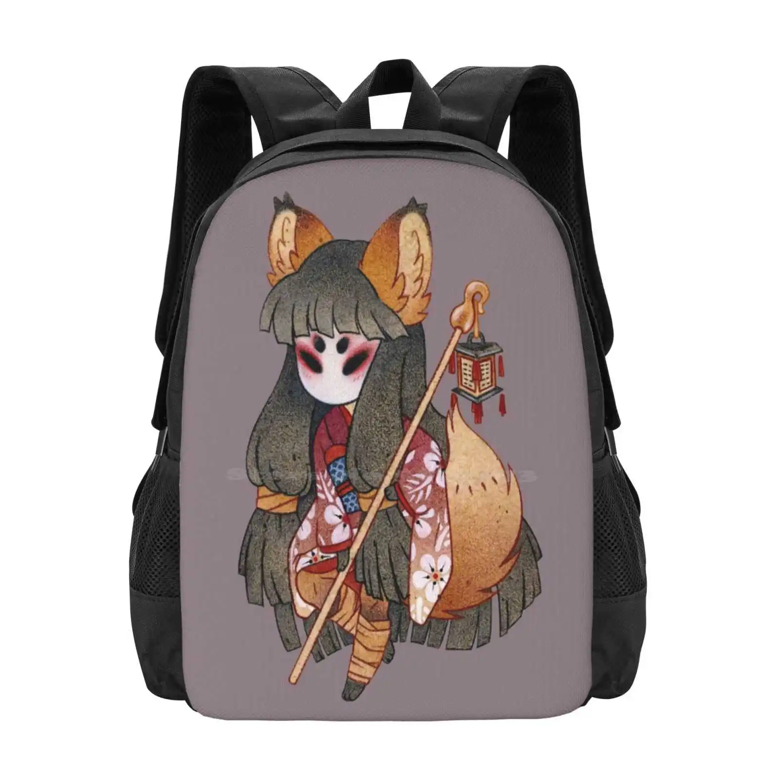 Misteriosa Fox Girl-Yokai Teen College Student Zaino Pattern Design Bags Tea Fox Illustrazioni Yokai Youkai Cute Kawaii