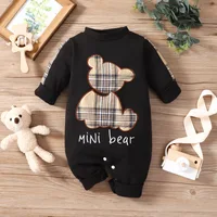 Hey Baby Spring and Autumn New Newborn Babies for Boys and Girls Plaid Patch Bear Long Sleeves Can Open One-piece Romper Clothes 2