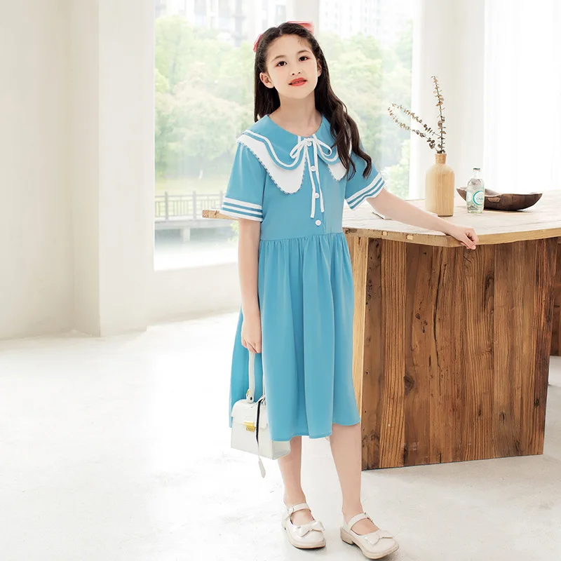 

Children Girls Summer Dress 2022 New Teenage Children's Fashion Peter Pan Collar Clothes Girl Solid Color Princess Dress 4-14 Y