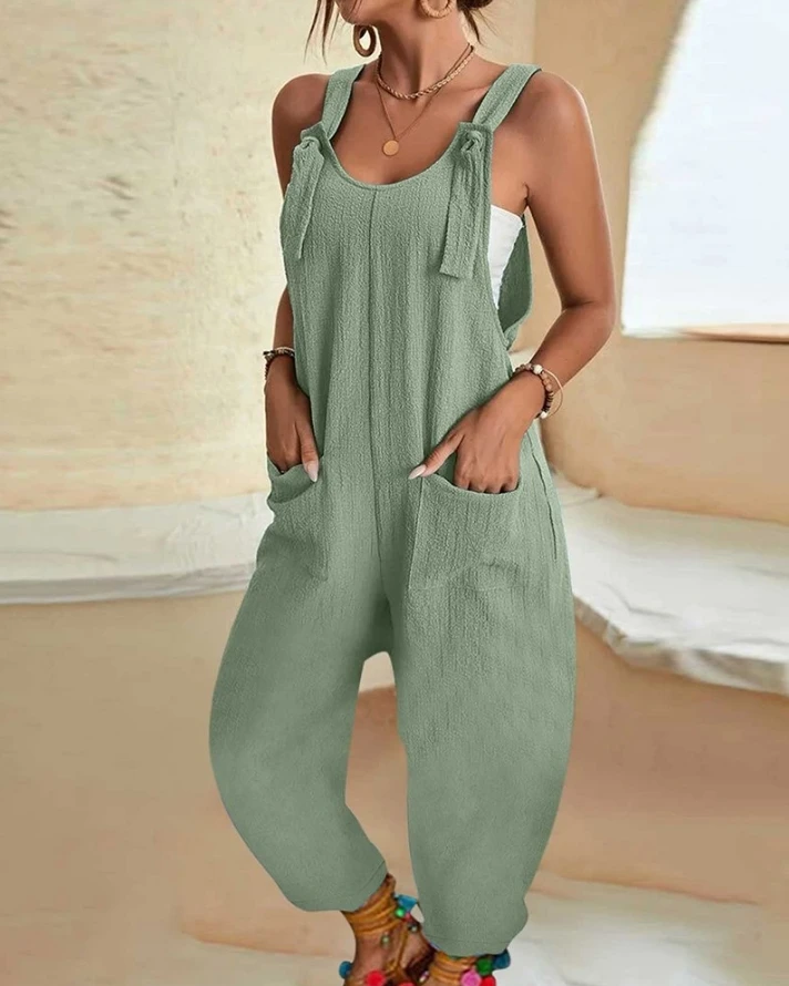 

Women's Commuter Jumpsuit 2024 Spring/summer Latest Casual Solid Color Knotted Pocket Design Suspender Loose Romper Bodysuit