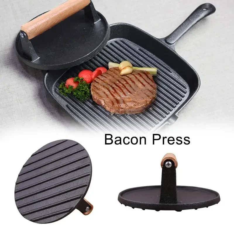 Cast Iron Meat Pressure Plate Teppanyaki for BBQ,Steak Press with Wooden Handle,Grill Fried Barbecue Household Outdoors