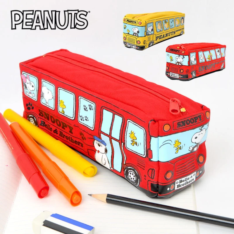 Cartoon Snoopy Bus Pencil Bag Canvas Large Capacity Car Zipper Pen Pencilcase for Student Stationery School Supplies kids gift 2