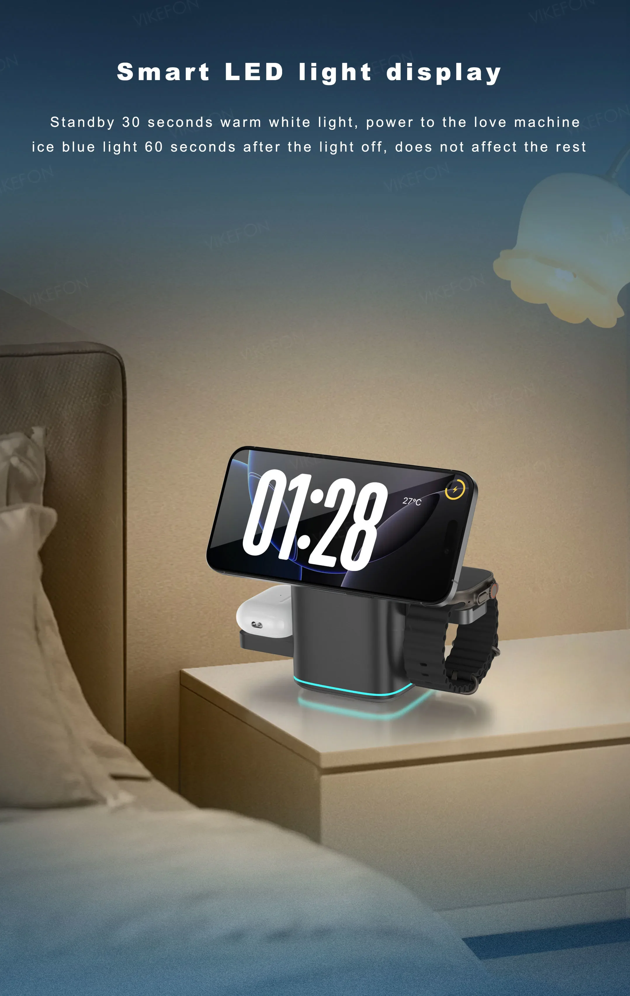 3-in-1 Electric Rotation Magnetic Wireless Charger With LED Breathing Light For Mag Safe IPhone 16 15 14 13 12 IPhone Watch Pro_voghion.com