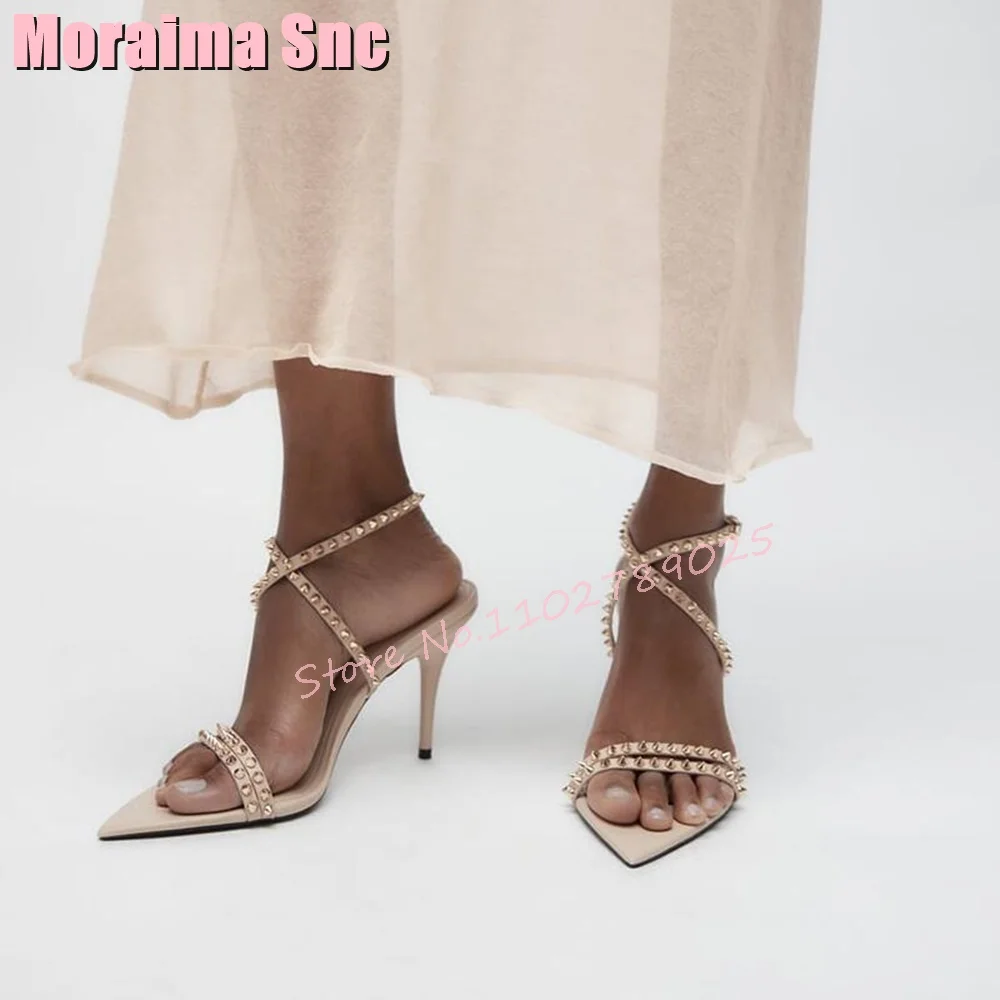

Golden Rivet Pointed Toe Cross Strap Sandals Ankle Buckle Stiletto High Heels Nude Solid Sexy Women Shoes Summer Fashion Modern