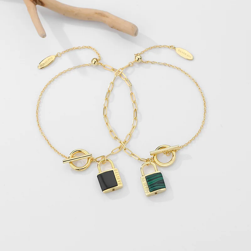 

Silvology Real 925 Sterling Silver Malachite Black Agate Lock Bracelets for Women Elegant Letter Kpop Bracelet Fine Jewelry Gift
