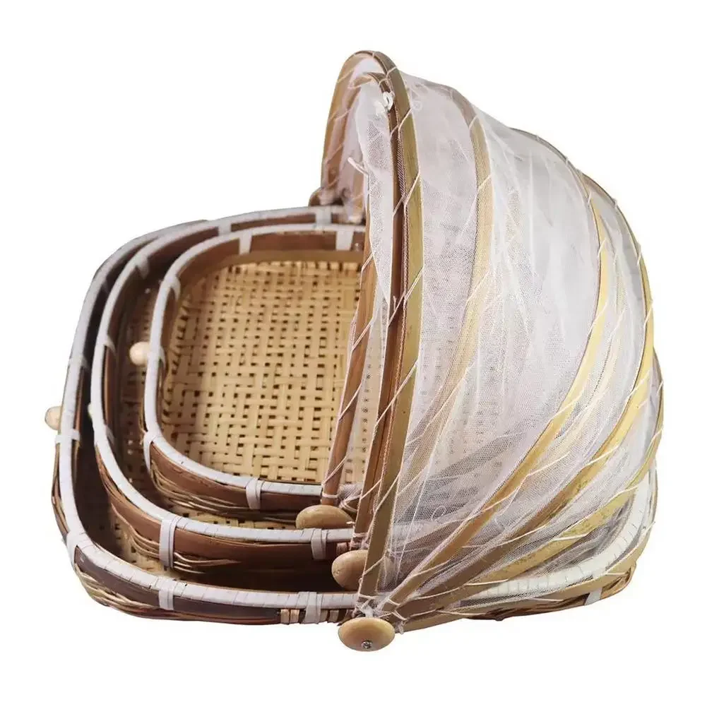 Hand-Woven Bamboo Food Serving Tent Basket Tray Fruit Vegetable Bread Storage Basket Kitchen Outdoor Picnic Mesh Net Cover 2
