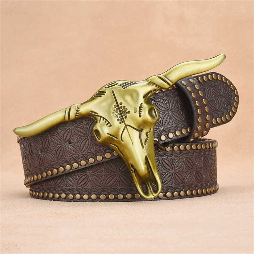 

Cow head belt men's embossed belt western denim personalized rivet belt men's Wenzhou belt