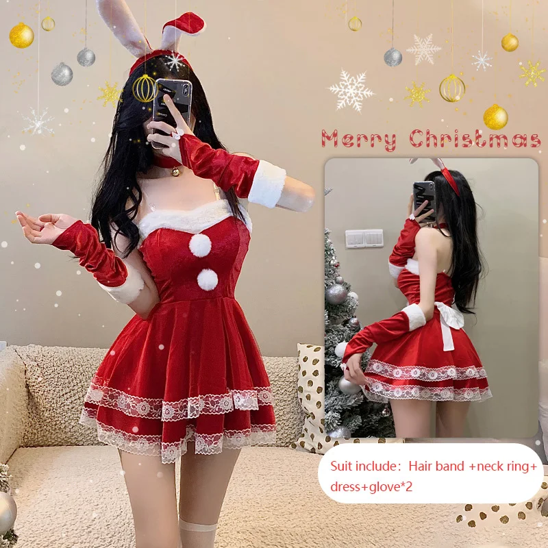 

Santa Claus For Adult Women Christmas Performance Costume Stage Outfit Mini Dress Sexy Party Dresses Bunny Girl Pleuche Carnival