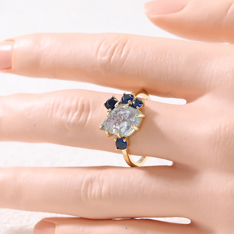 Elegant Blue CZ Inlaid Gold Ring for Women – Trendy Geometric Design for Daily Wear and Special Occasions