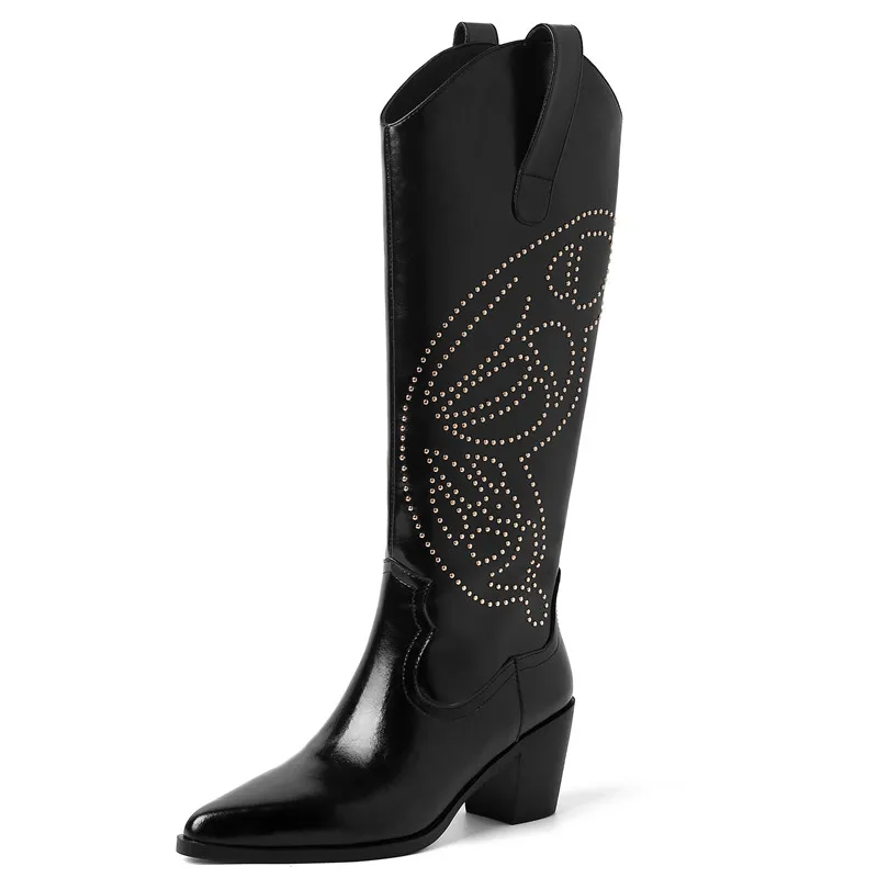 

Winter Fashion Rivet Sexy Knee Long Boots Elegant Quality Genuine Leather Metal Decorative Print Solid Western Knight Boots