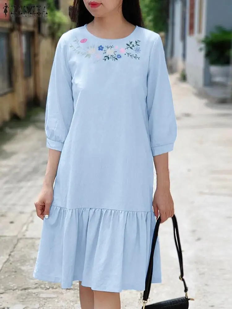 

Женское винтажное платье с вышивкой и поясом ZANZEA, свободный плиссированный сарафан с рукавом 3/4 и круглым вырезом, праздничный короткий халат, лето 2024