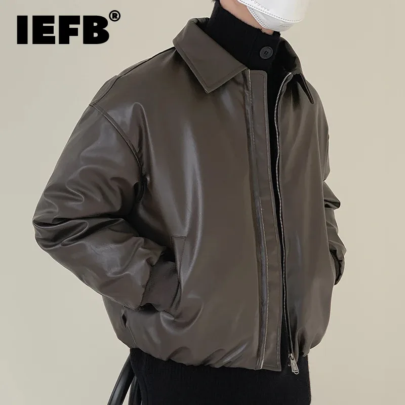 

IEFB Turn-down Collar Men's PU Leather Down Jackets High Street Solid Color Zipper Pockets Men Short Coats New Fashion 9C4074
