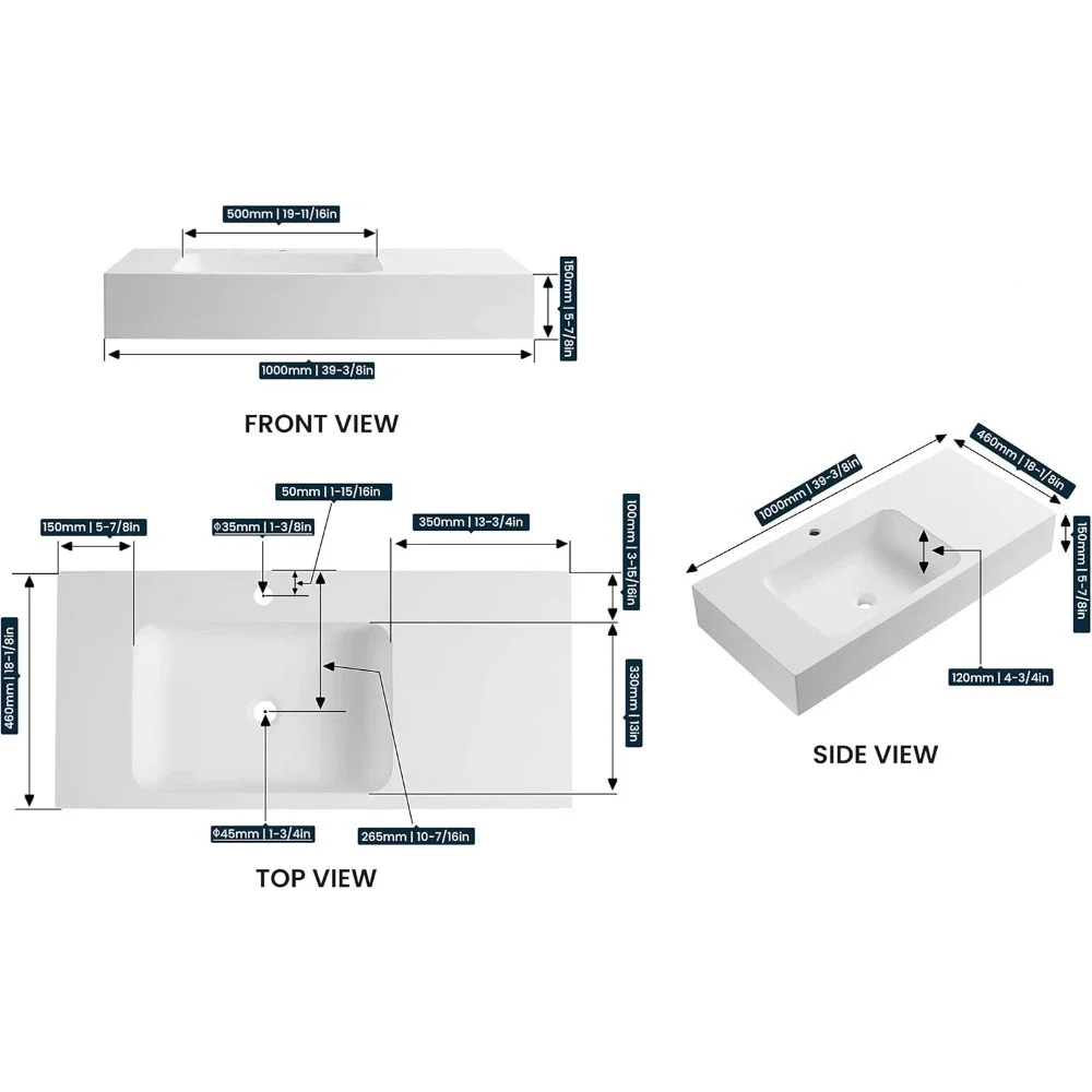 Bathroom Sink, Wall-Mount or On Countertop, 40" with Square Sink and Flat Space, Single Faucet Hole, Solid Surface 3