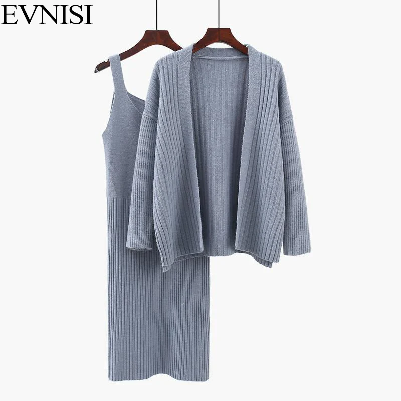 

EVNISI Winter Women Knitted Two-piece Sets Sweater Cardigan And Slim Long Suspenders Dress Set Solid Bodycon Sweater Dresses