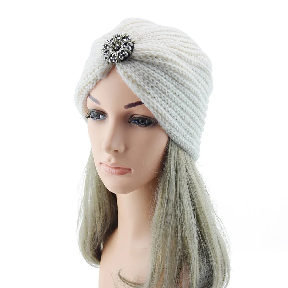 Bohemian Style Winter Woolen Flower Drill Belt Knitted Hat European and American  Women Turbans Cap 3