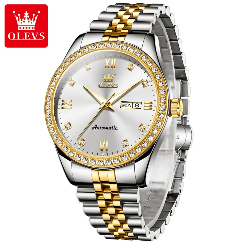 

OLEVS Brand Luxury Diamond Mechanical Watch for Men Stainless Steel Waterproof Luminous Hands Fashion Mens Watches Reloj Hombre