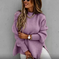 2024 New Loose Split Knitted Long Sleeve Thick Sweater Half High Neck Korean Fashion Pullover Autumn Winter Black Women Clothes - Image 5