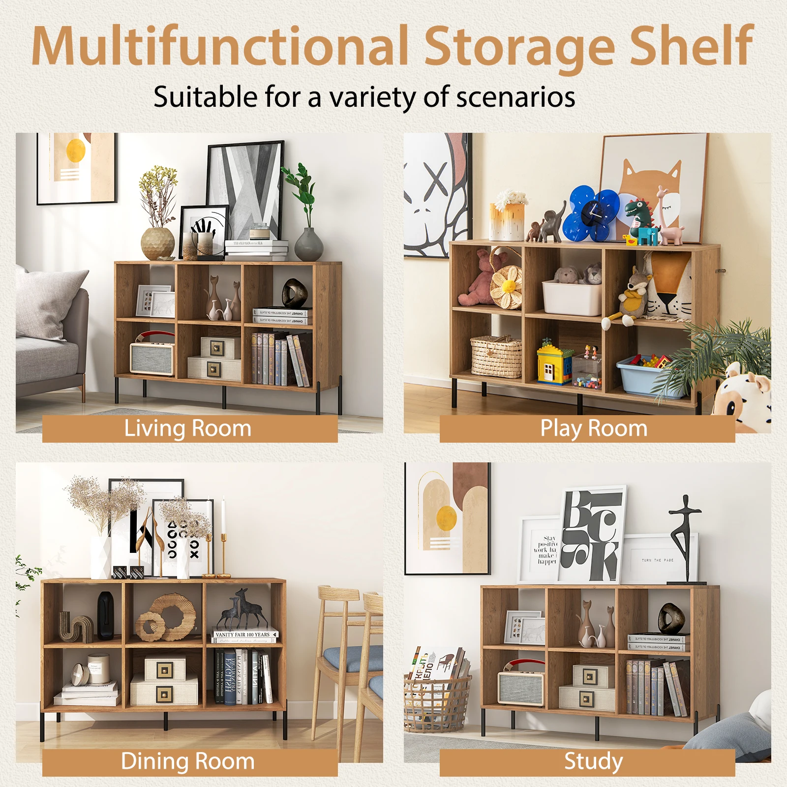 GOFLAME 6m³ Storage Bookcase 3-Tier Wooden Open Bookshelf with 5 Metal Legs & Adjustable Shelves Natural/Black/White