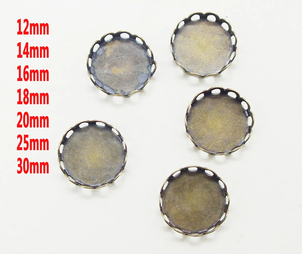 

100pcs Round/oval Antique bronze plated copper circle tray base, bezel settings with lace edge (A lot of color can choose)
