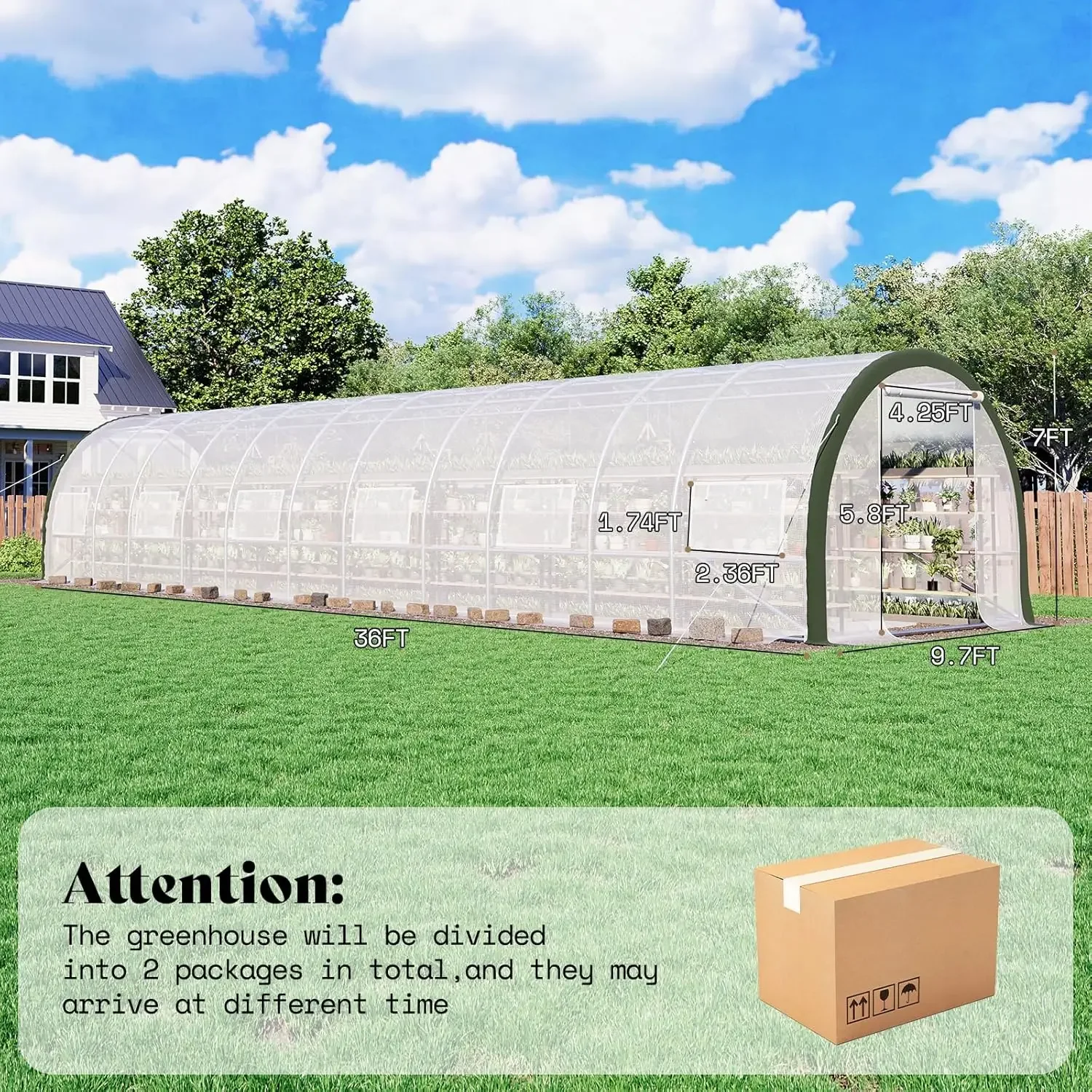 36x10x7.5 FT Large Walk-in Tunnel Greenhouse for Outdoors with Watering System 2 Zipper Doors, Heavy Duty Greenhouse Upgraded